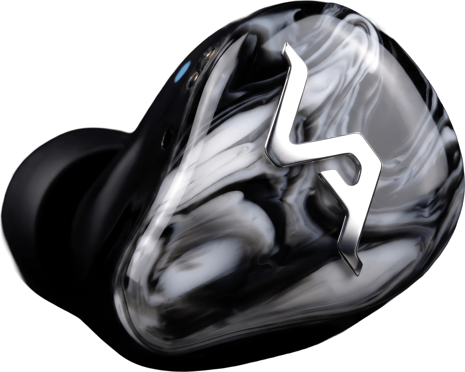 Virtus Audio Vortex — monochrome swirl faceplate with inlaid chrome Virtus mark