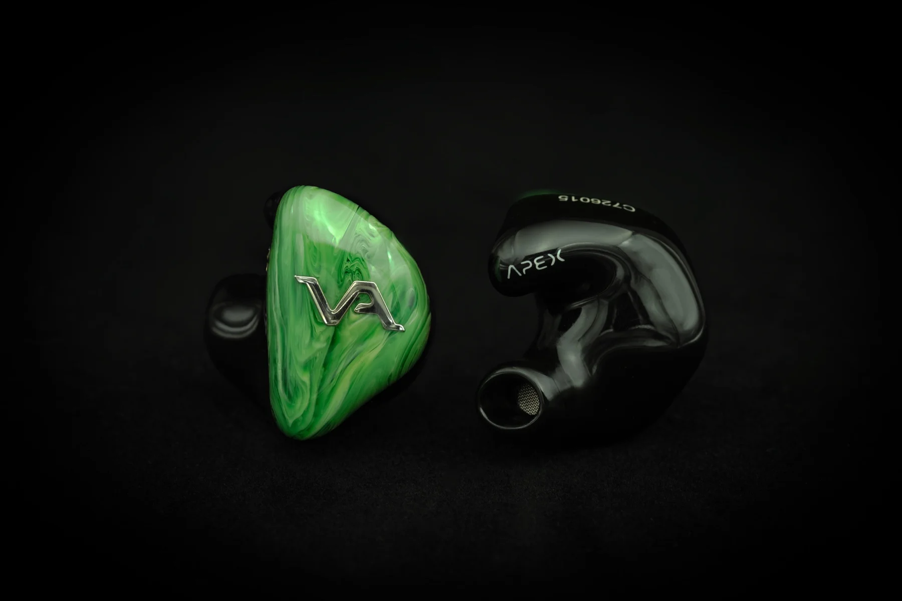 Virtus Audio Apex — jade marbled faceplate beside its polished black shell