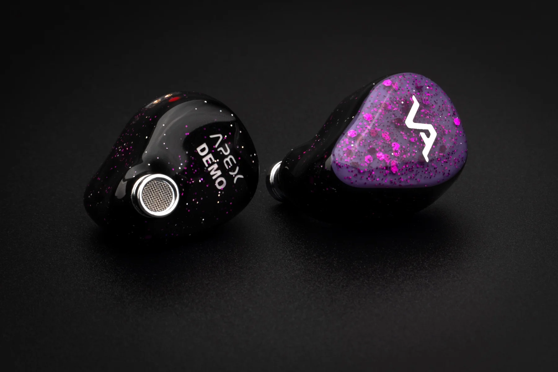 Virtus Audio Apex demo pair — violet flake faceplate with a matching speckled shell